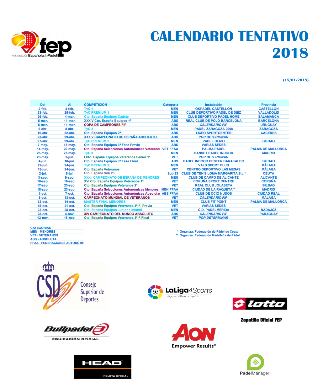 Calendario FEP 2018